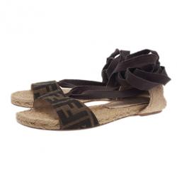 Pre Owned Fendi Tobacco Zucca Tie Detail Flat Espadrilles Size 37
