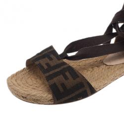 Pre Owned Fendi Tobacco Zucca Tie Detail Flat Espadrilles Size 37