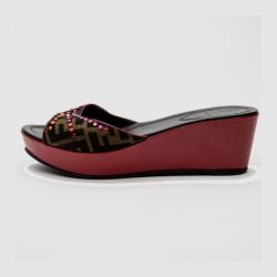Pre Owned Fendi Zucca Canvas Studded Wedges Slides Size 41