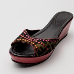 Pre Owned Fendi Zucca Canvas Studded Wedges Slides Size 41