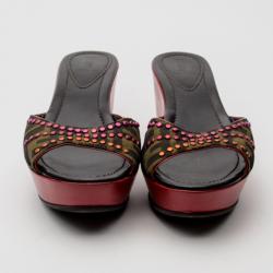 Pre Owned Fendi Zucca Canvas Studded Wedges Slides Size 41