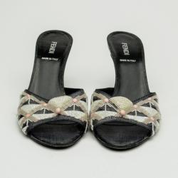 Pre Owned Fendi Black Embellished Leather Slides Size 37