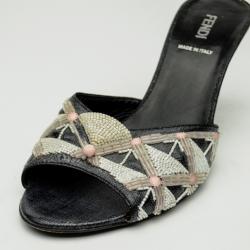 Pre Owned Fendi Black Embellished Leather Slides Size 37