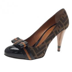 Pre Owned Fendi Zucca Canvas and Leather Pride and Prejudice Bow Pumps Size 39