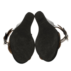 Pre Owned Fendi Black Patent Leather and Tobacco Zucca Canvas Demi Wedge Slides Size 38