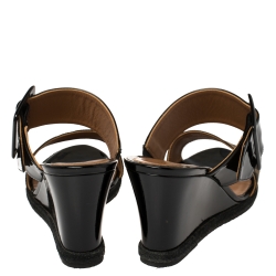 Pre Owned Fendi Black Patent Leather and Tobacco Zucca Canvas Demi Wedge Slides Size 38