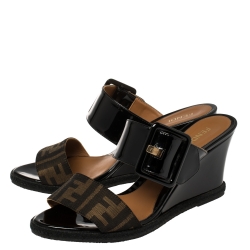 Pre Owned Fendi Black Patent Leather and Tobacco Zucca Canvas Demi Wedge Slides Size 38