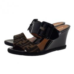 مملوكة مسبقًا Fendi Zucca Patent Demi Wedge Slides Size 38