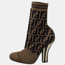 Brown Knit Fabric Ff Logo Ankle Boots