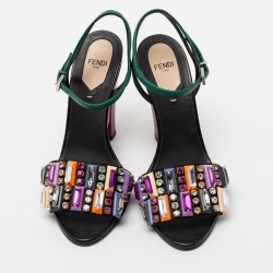 Pre Owned Fendi Multicolor Leather Fantasia Crystal Embellished Ankle Strap Sandals Size 38