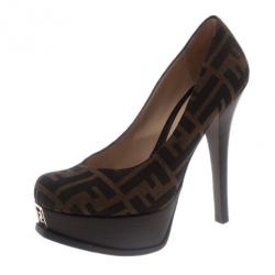 Pre Owned حذاء كعب عالي فندي كانفاس توباكو زوكا نعل سميك مقاس 37.5