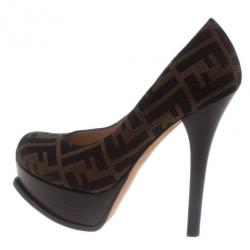 Pre Owned حذاء كعب عالي فندي كانفاس توباكو زوكا نعل سميك مقاس 37.5