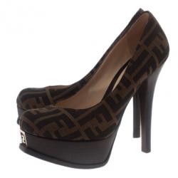 Pre Owned حذاء كعب عالي فندي كانفاس توباكو زوكا نعل سميك مقاس 37.5