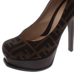 Pre Owned حذاء كعب عالي فندي كانفاس توباكو زوكا نعل سميك مقاس 37.5