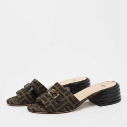 Fendi Brown/Black Zucca Canvas and Leather Block Heel Sandals Size 39