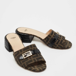Fendi Brown/Black Zucca Canvas and Leather Block Heel Sandals Size 39