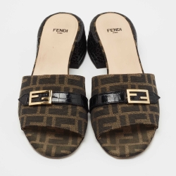Fendi Brown/Black Zucca Canvas and Leather Block Heel Sandals Size 39