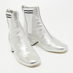 Pre Owned Fendi Metallic Silver Leather Block Heel Ankle Boots Size 40