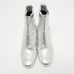 Pre Owned Fendi Metallic Silver Leather Block Heel Ankle Boots Size 40