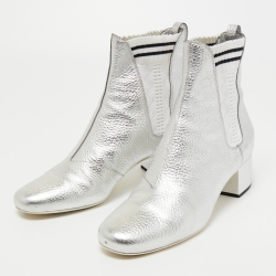 Pre Owned Fendi Metallic Silver Leather Block Heel Ankle Boots Size 40