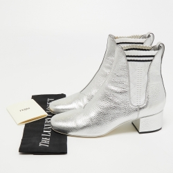 Pre Owned Fendi Metallic Silver Leather Block Heel Ankle Boots Size 40