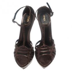 Fendi Brown Textured Leather T Strap Platform Sandals Size 40