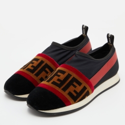 Pre Owned Fendi Tri-Color Stretch Nylon, Mesh and Zucca Print Velvet Runaway Slip-On Sneakers Size 37