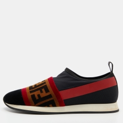 Pre Owned Fendi Tri-Color Stretch Nylon, Mesh and Zucca Print Velvet Runaway Slip-On Sneakers Size 37