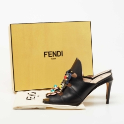Fendi Black Leather Flowerland Open Toe Mules Size 38