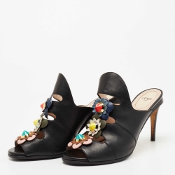 Fendi Black Leather Flowerland Open Toe Mules Size 38