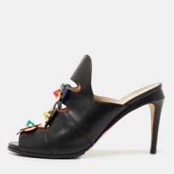 Fendi Black Leather Flowerland Open Toe Mules Size 38