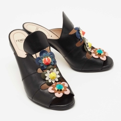 Fendi Black Leather Flowerland Open Toe Mules Size 38