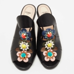 Fendi Black Leather Flowerland Open Toe Mules Size 38