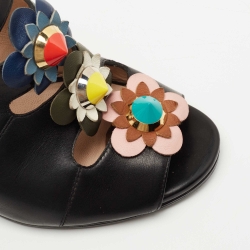 Fendi Black Leather Flowerland Open Toe Mules Size 38