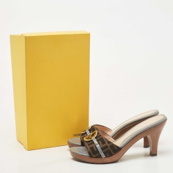 Fendi Green/Brown Tobacco Zucca Canvas And Patent Leather Slides Size 39