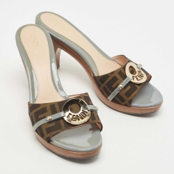 Fendi Green/Brown Tobacco Zucca Canvas And Patent Leather Slides Size 39