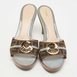 Fendi Green/Brown Tobacco Zucca Canvas And Patent Leather Slides Size 39