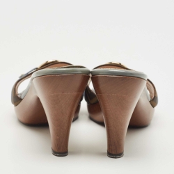 Fendi Green/Brown Tobacco Zucca Canvas And Patent Leather Slides Size 39