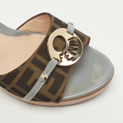 Fendi Green/Brown Tobacco Zucca Canvas And Patent Leather Slides Size 39