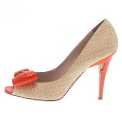 Pre Owned Fendi Raffia Bow Detail Peep Toe Pumps Size 38