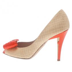 Pre Owned Fendi Raffia Bow Detail Peep Toe Pumps Size 38