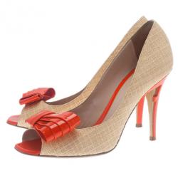 Pre Owned Fendi Raffia Bow Detail Peep Toe Pumps Size 38