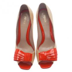 Pre Owned Fendi Raffia Bow Detail Peep Toe Pumps Size 38