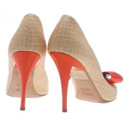 Pre Owned Fendi Raffia Bow Detail Peep Toe Pumps Size 38