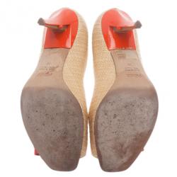Pre Owned Fendi Raffia Bow Detail Peep Toe Pumps Size 38