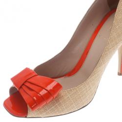 Pre Owned Fendi Raffia Bow Detail Peep Toe Pumps Size 38