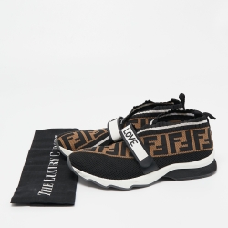 Pre Owned Fendi Black/Brown Zucca Knit Fabric Slip On Sneakers Size 38