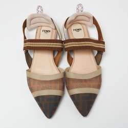 Pre Owned Fendi Multicolor Zucca Mesh and Canvas Colibri Slingback Flats Size 39.5