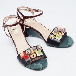 Pre Owned Fendi Multicolor Lizard Embossed and Leather Fantasia Studded Ankle Strap Sandals Size 40