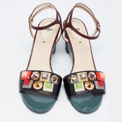 Pre Owned Fendi Multicolor Lizard Embossed and Leather Fantasia Studded Ankle Strap Sandals Size 40